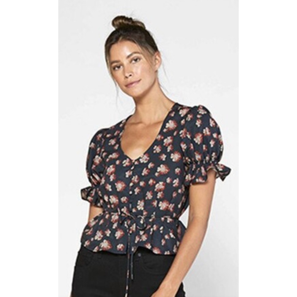 Outerknown Black Red Tan Floral Short Puffy Sleeve‎ Peplum Shirt Top Sz SP